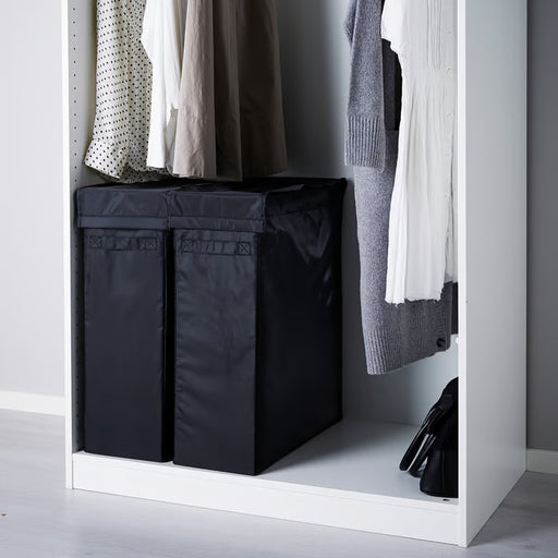 IKEA SKUBB black laundry bags inside open PAX wardrobe keeping clothes organised and floor clear