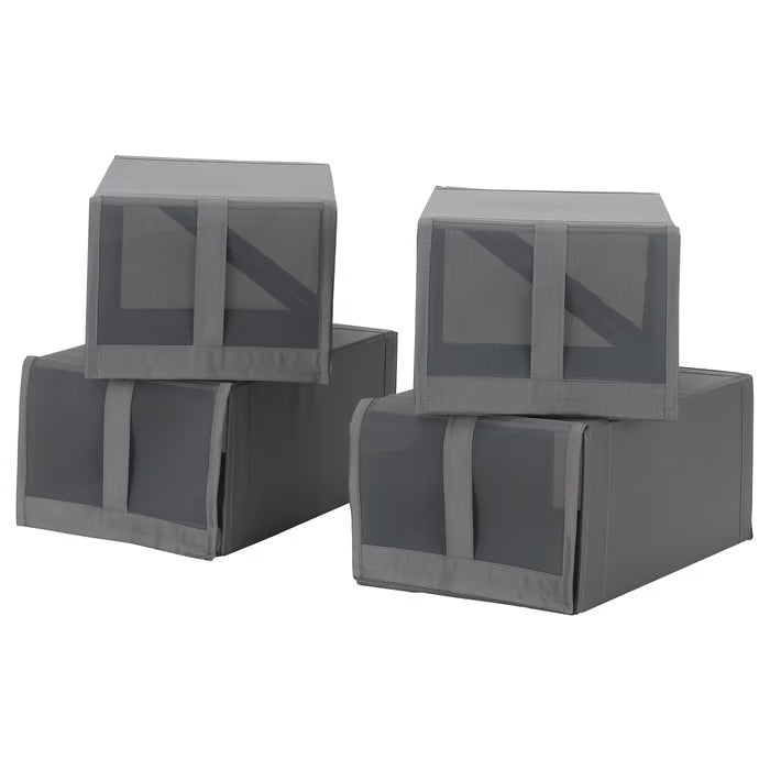 IKEA SKUBB dark grey mesh shoe boxes set of 4 stacked with hook and loop closures #00472981