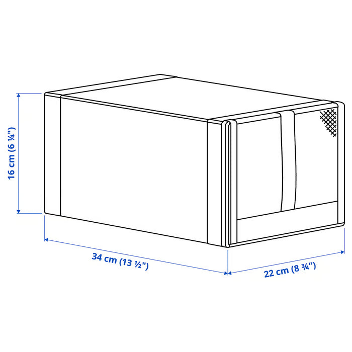 Measurement diagram for IKEA SKUBB shoe box showing 22 cm width 34 cm depth 16 cm height