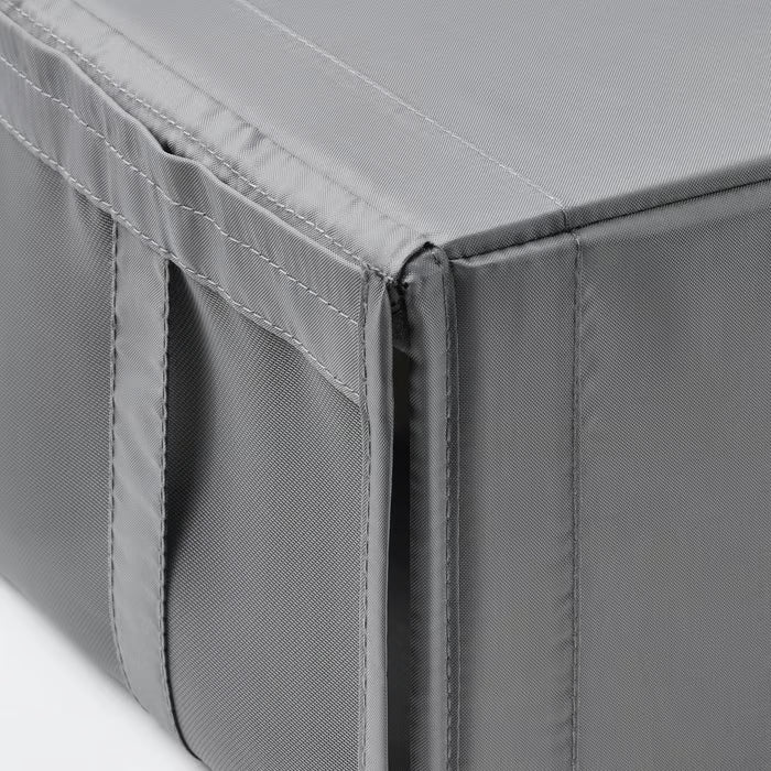 Close-up of IKEA SKUBB dark grey shoe box showing mesh panel zip and hook and loop fastener detail