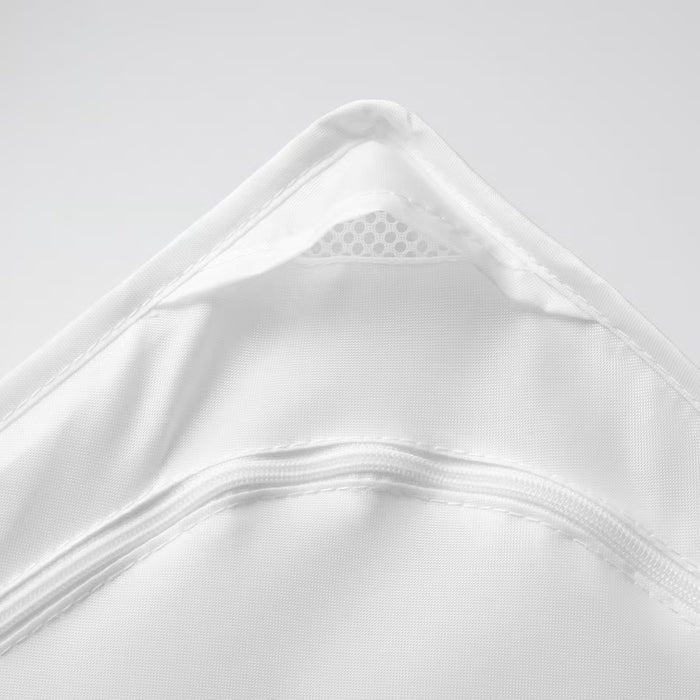 Close-up of IKEA SKUBB white storage case zip showing durable stitching and quality construction