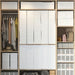 Neat white bedroom wardrobe with IKEA SKUBB white storage cases stacked and organised on shelves