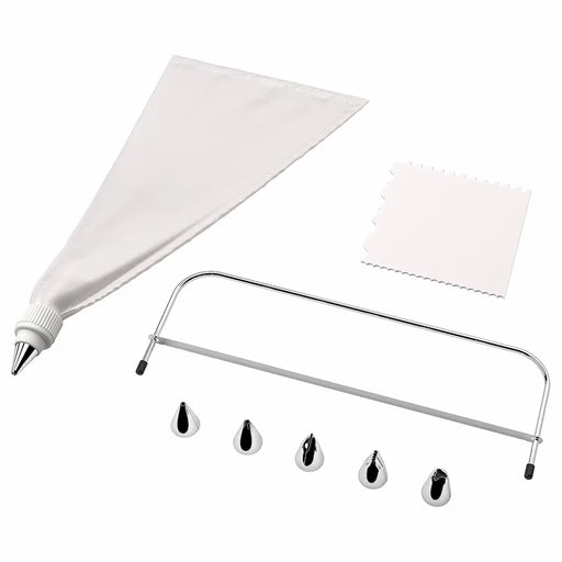 KEA SMAKSAM cake decoration set with pastry bag, 6 piping tubes and decoration comb on white background #90257034