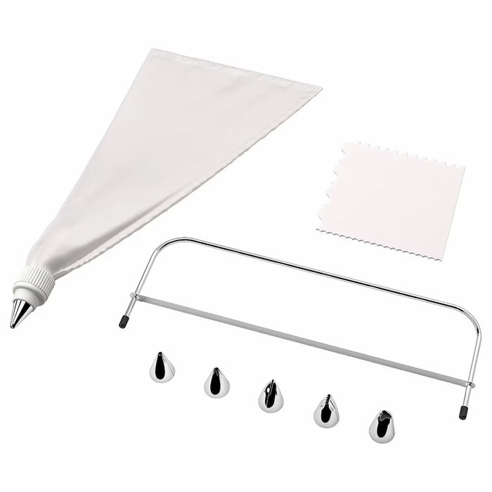 KEA SMAKSAM cake decoration set with pastry bag, 6 piping tubes and decoration comb on white background #90257034