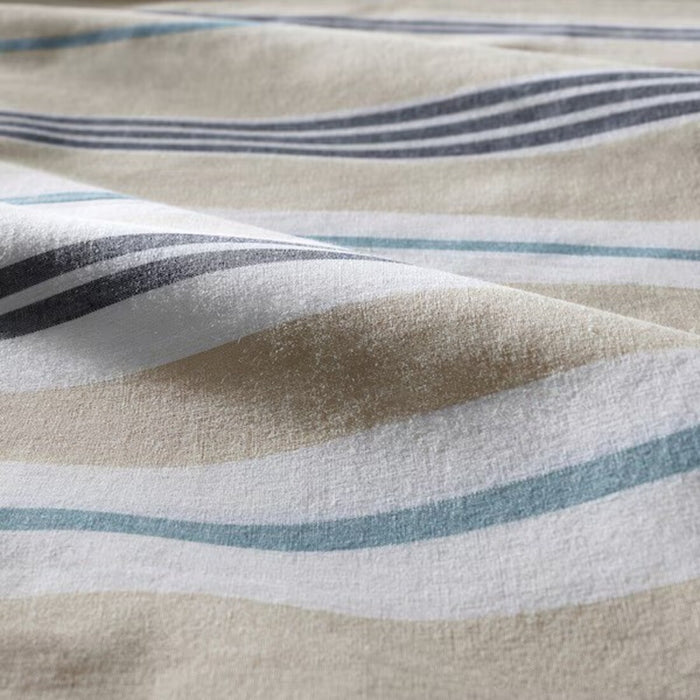 Close-up of IKEA SMALSTÄKRA duvet cover and pillowcase set featuring beige and blue stripes, 150x200 cm and 50x80 cm 70443527
