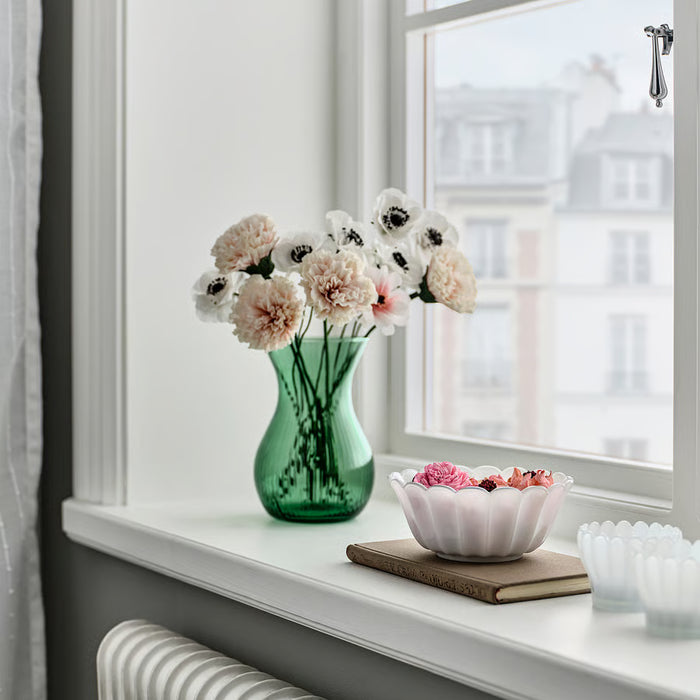 IKEA SMÅNÄCKROS petal-shaped white glass bowl styled as a home decor accent