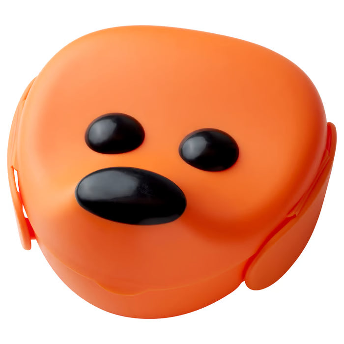 IKEA SMASKA orange kids tiffin box with smiling face design on plain background