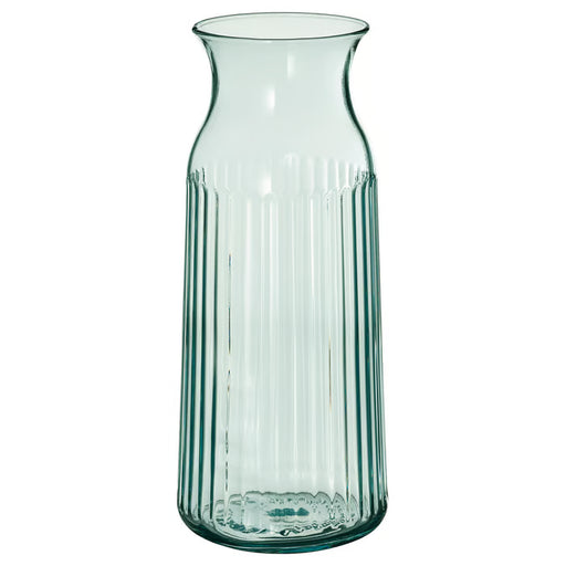  IKEA SMÖRFISK light turquoise glass carafe 1 litre narrow easy-grip neck front view #50611913