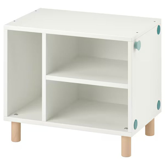 White IKEA SMUSSLA bedside table/shelf unit with open shelves and tabletop surface