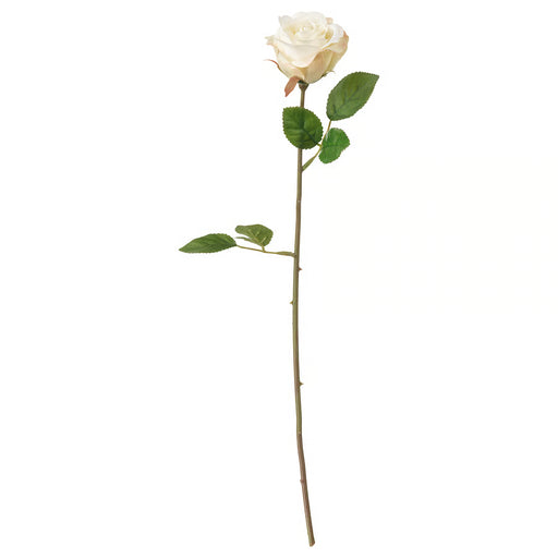 Lifelike IKEA SMYCKA Artificial flower white rose with layered petals and green leaves on a bendable 52 cm stem; made from recycled plastic and steel wire – 10335724