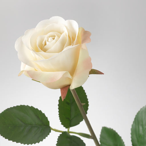 Artificial white rose with soft pink edges, green leaves, and a 52 cm bendable stem; realistic texture and subtle color detail – 10335724