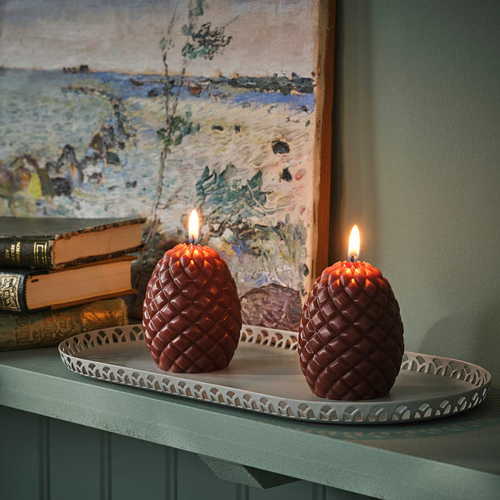 IKEA SNÖSISKA pale grey-green candle dish, close view of powder-coated finish