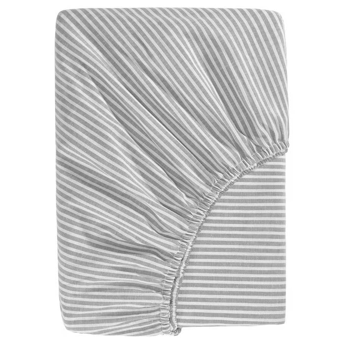 IKEA SOLFIBBLA fitted sheet grey white stripe 160x200 cm with elastic edges on white background #50616406