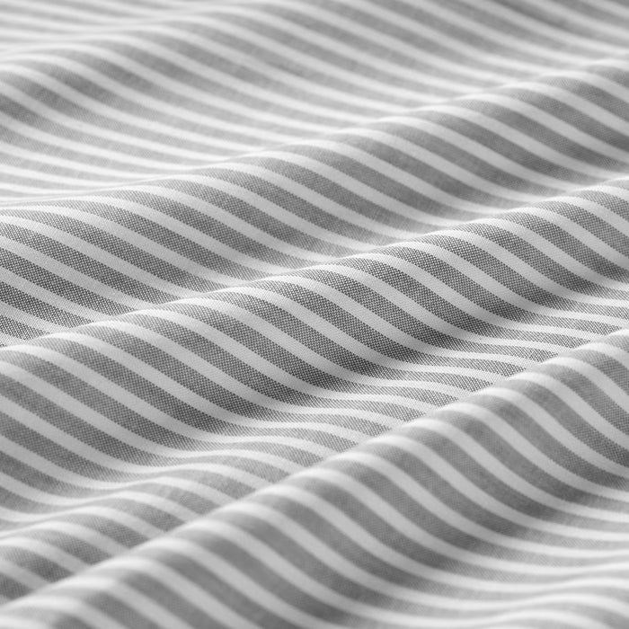Close-up of IKEA SOLFIBBLA grey white stripe cotton fabric showing yarn-dyed texture and thread pattern