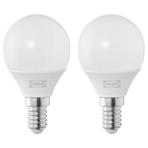  IKEA SOLHETTA LED bulb with globe opal white finish, E14 base, and warm white illumination (250 lumen). 30498734              