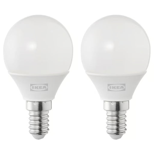  IKEA SOLHETTA E14 LED globe opal white bulb 250 lumen 2-pack polycarbonate front view #30498734
