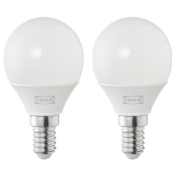  IKEA SOLHETTA E14 LED globe opal white bulb 250 lumen 2-pack polycarbonate front view #30498734