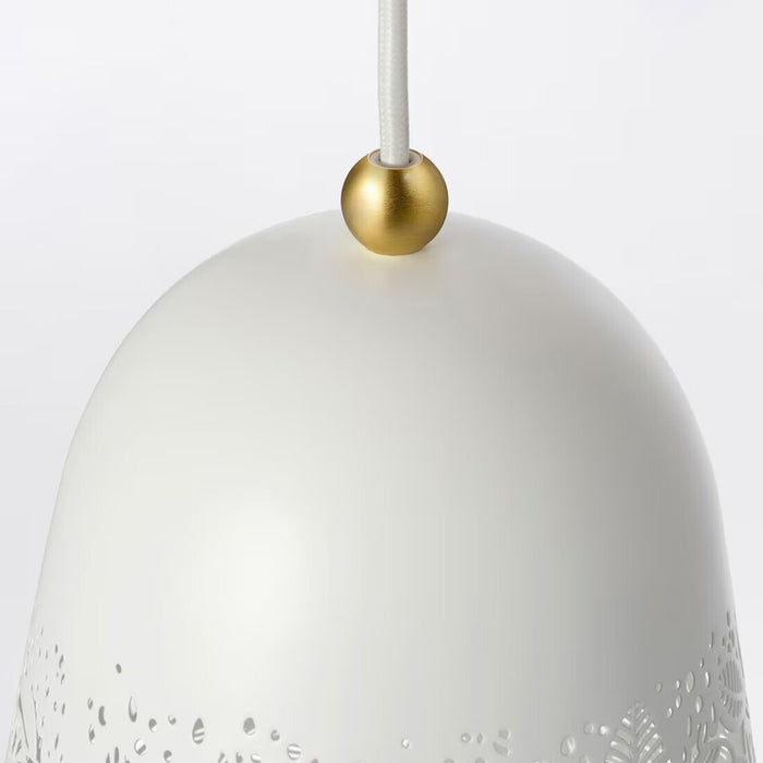 Close-up of SOLSKUR pendant lamp, white shade with brass-colour accent, creating elegant lighting 20440847