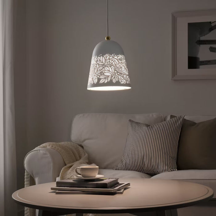 SOLSKUR white and brass-colour pendant lamp by IKEA, hanging in a cozy living room setting 20440847
