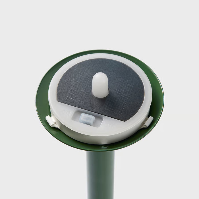 IKEA SOLVINDEN outdoor solar light close-up showing ABS plastic and steel pole finish