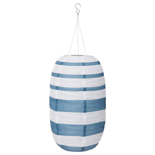 IKEA SOLVINDEN LED solar-powered pendant lamp with blue stripe design for outdoor use.