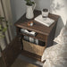 Close-up of SONGESAND bedside table drawer and shelf showing storage space