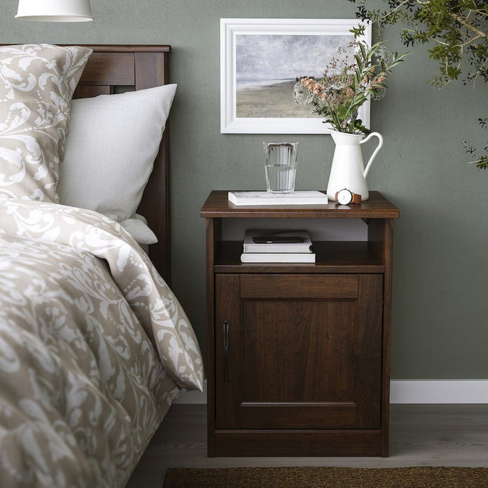 IKEA SONGESAND small bedside table next to bed in minimalist bedroom