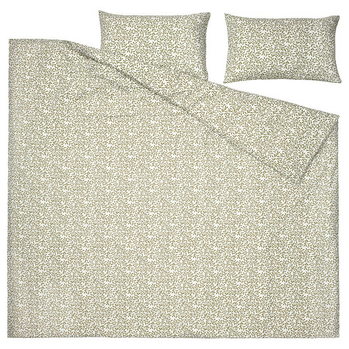 IKEA SORGMANTEL duvet cover and pillowcases in greenish leaf print, product view