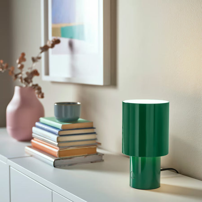 IKEA SPETSBOJ green lamp on bedside table with book and glass in cosy bedroom