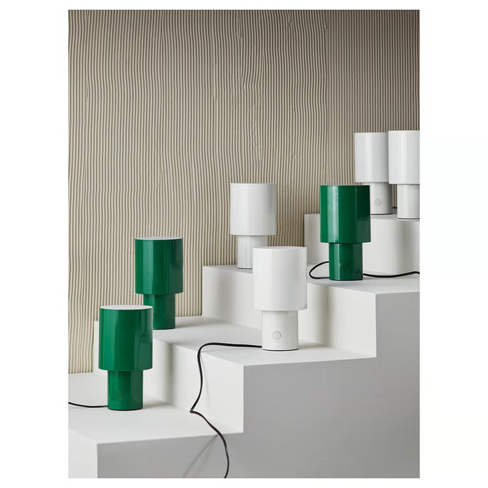 IKEA SPETSBOJ green lamp on shelf with books, vase and cup