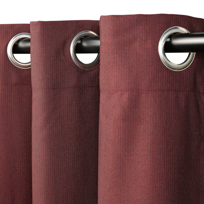 Close-up of IKEA SPIRBJÖRNBÄR burgundy curtain eyelet detail with silver grommet on curtain rod