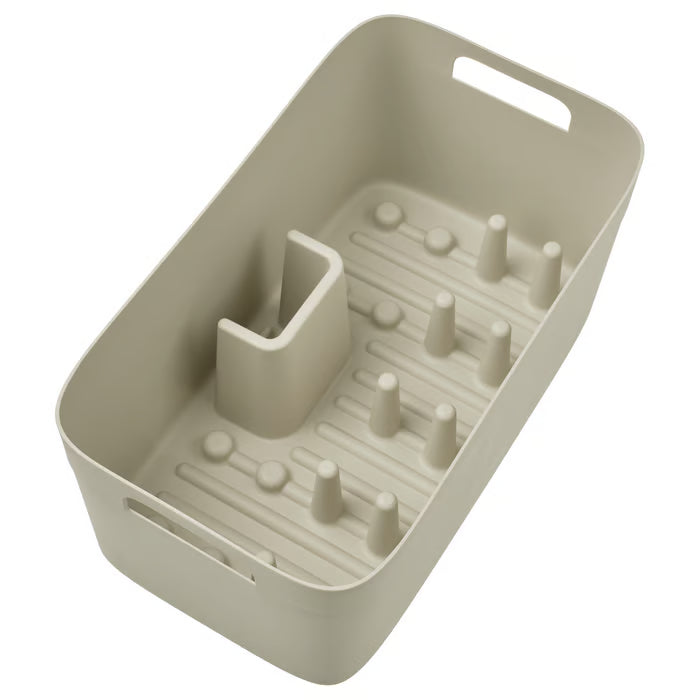 IKEA SPJUTLILJA dish drainer light grey-beige front view with cutlery and plate compartments #10620151