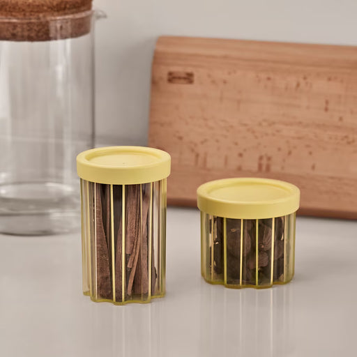  IKEA SPJUTLILJA light yellow stackable jars storing fresh herbs on kitchen shelf