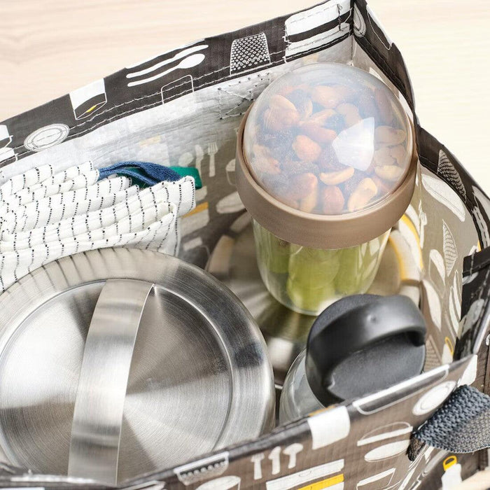 IKEA FLADDRIG Stylish Lunch Bag Set – Patterned Grey with Red Lunch Box & 300 ml Snack Container