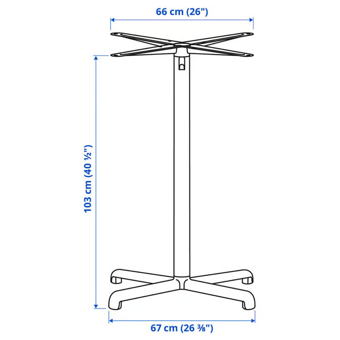Technical drawing of the IKEA STENSELE Star Base in anthracite, with dimensions labeled. The sturdy metal base features a central column with a cross-shaped support structure measuring 66 cm (26 inches) wide, standing at 103 cm (40 1/2 inches) tall, and a stable four-legged base with a width of 67 cm (26 3/8 inches). Ideal for supporting various tabletop sizes with a modern and durable design-30413018