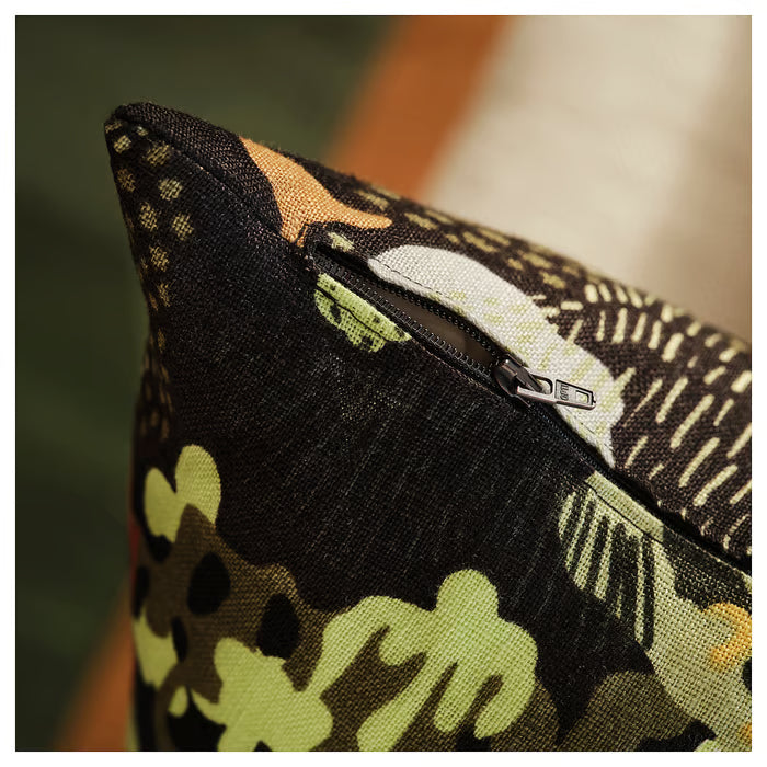 IKEA STOCKHOLM 2025 cushion cover black multicolour flat lay showing full pattern and hidden zipper