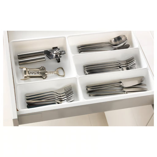 IKEA STÖDJA white drawer organiser in use with forks knives spoons and kitchen tools sorted by compartment