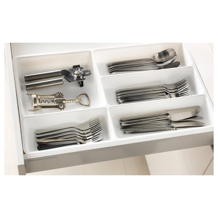 IKEA STÖDJA white drawer organiser in use with forks knives spoons and kitchen tools sorted by compartment