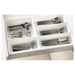 IKEA STÖDJA white drawer organiser in use with forks knives spoons and kitchen tools sorted by compartment