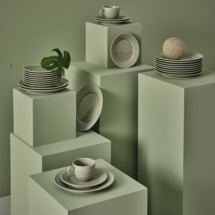  IKEA STRIMMIG grey-green mug styled with full STRIMMIG tableware series including