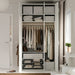 Open white wardrobe with hangers, folded clothes and IKEA STUK storage boxes inside