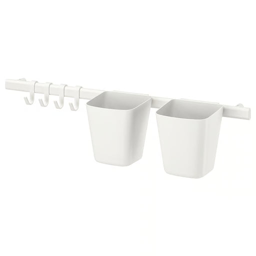 IKEA SUNNERSTA white kitchen rail with 4 hooks and 2 containers wall-mounted organiser #10455151