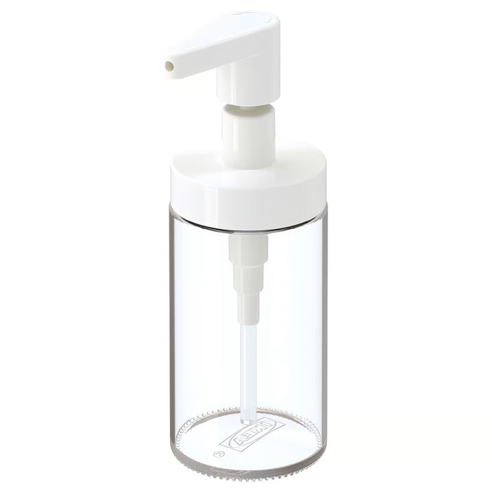 IKEA TACKAN white glass soap dispenser 200ml with stainless steel pump on bathroom counter #70322304