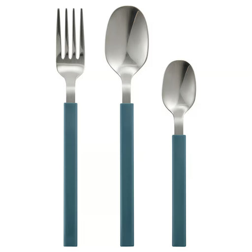 Three-piece cutlery set with matte blue handles and polished silver stainless steel heads, including a dinner fork, a teaspoon, and a child's spoon, on a white background.