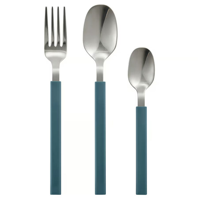Three-piece cutlery set with matte blue handles and polished silver stainless steel heads, including a dinner fork, a teaspoon, and a child's spoon, on a white background.