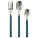 Three-piece cutlery set with matte blue handles and polished silver stainless steel heads, including a dinner fork, a teaspoon, and a child's spoon, on a white background.