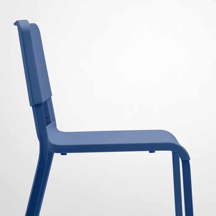 IKEA TEODORES blue plastic chair with powder-coated metal legs side angle view
