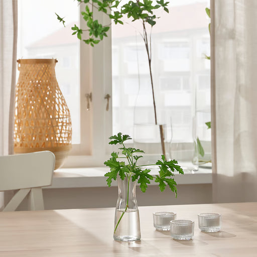 IKEA TIDVATTEN clear glass vase with single flower stem on wooden table near window