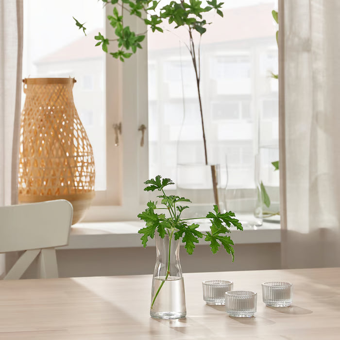 IKEA TIDVATTEN clear glass vase with single flower stem on wooden table near window