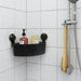  IKEA TISKEN black corner shelf holding shampoo and soap bottles near shower